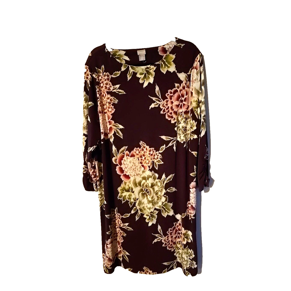 Chico's Burgundy Floral Print Ruched Sleeve Sheath Dress Womans‎ Size 20/22